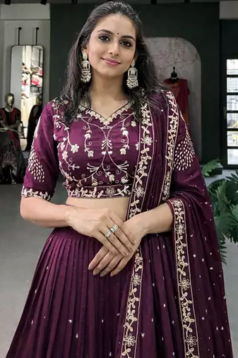 Embroidered Semi-Stitched Lehenga & Unstitched Blouse With Dupatta Free Size Upto 42