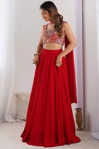 Embroidered Sequinned Ready To Wear Lehenga & Blouse With Dupatta Free Size Upto 42
