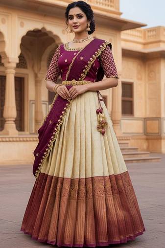 Embroidered Semi-Stitched Lehenga & Blouse With Dupatta Free Size Upto 42