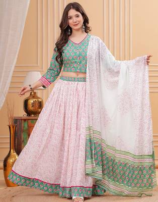 Printed Block Print Ready To Wear Lehenga & Blouse With Dupatta Free Size Upto 42 1