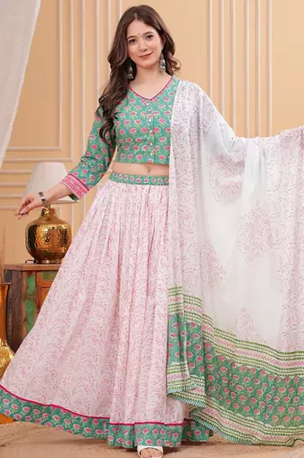 Printed Block Print Ready To Wear Lehenga & Blouse With Dupatta Free Size Upto 42