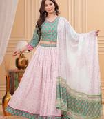 Printed Block Print Ready To Wear Lehenga & Blouse With Dupatta Free Size Upto 42