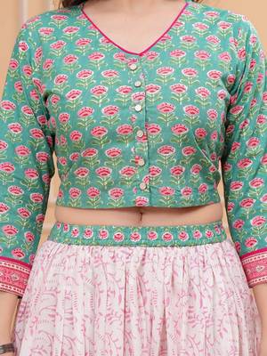 Printed Block Print Ready To Wear Lehenga & Blouse With Dupatta Free Size Upto 42 2