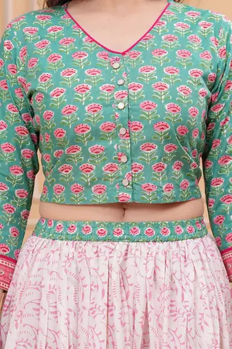 Printed Block Print Ready To Wear Lehenga & Blouse With Dupatta Free Size Upto 42