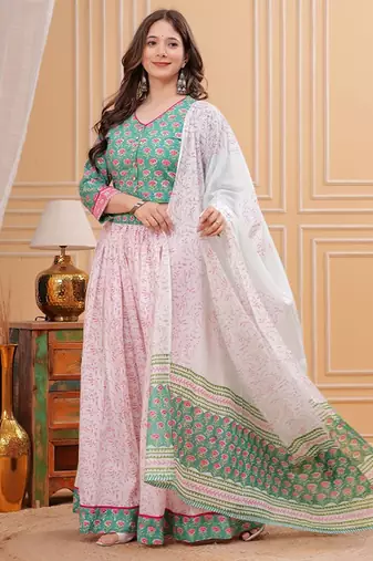 Printed Block Print Ready To Wear Lehenga & Blouse With Dupatta Free Size Upto 42