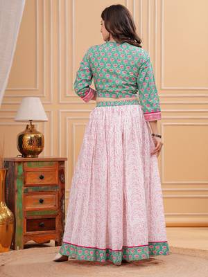 Printed Block Print Ready To Wear Lehenga & Blouse With Dupatta Free Size Upto 42 4