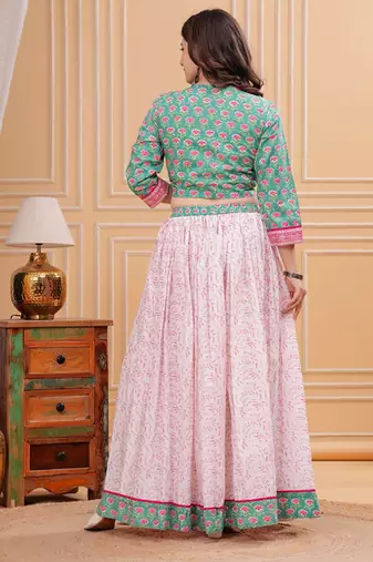 Printed Block Print Ready To Wear Lehenga & Blouse With Dupatta Free Size Upto 42