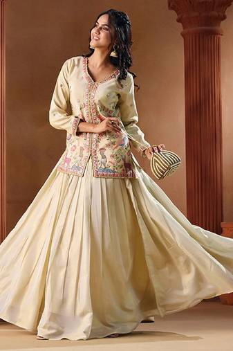 Embroidered Thread Work Ready To Wear Lehenga & Free Size Upto 42