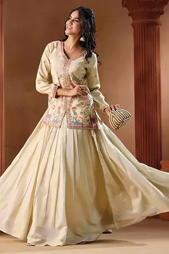 Embroidered Thread Work Ready To Wear Lehenga & Free Size Upto 42