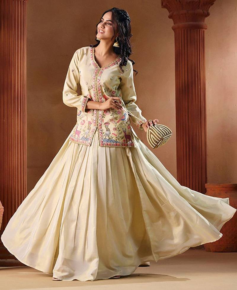 Embroidered Thread Work Ready To Wear Lehenga & Free Size Upto 42