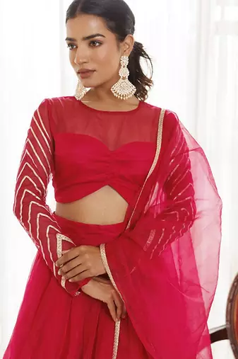 Organza Ready To Wear Lehenga & Blouse With Dupatta Free Size Upto 42