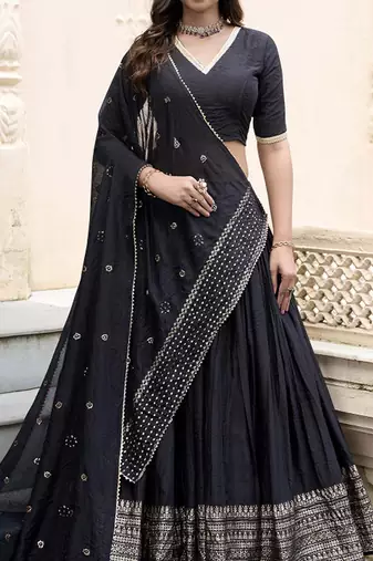 Ready To Wear Lehenga & Unstitched Blouse With Dupatta Free Size Upto 42