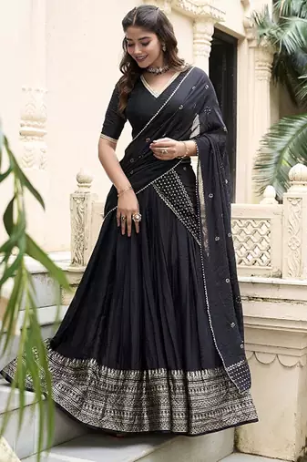 Ready To Wear Lehenga & Unstitched Blouse With Dupatta Free Size Upto 42