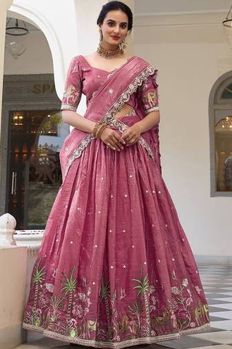 Embroidered Thread Work Semi-Stitched Lehenga & Blouse With Dupatta Free Size Upto 42