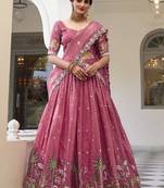 Embroidered Thread Work Semi-Stitched Lehenga & Blouse With Dupatta Free Size Upto 42