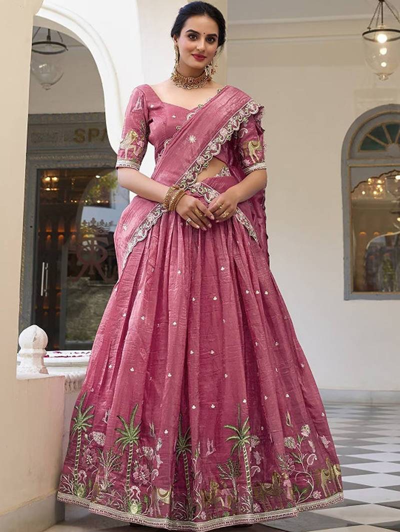 Embroidered Thread Work Semi-Stitched Lehenga & Blouse With Dupatta Free Size Upto 42