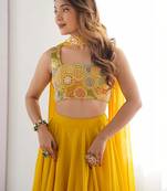 Women Embroidered Thread Work Ready To Wear Lehenga & Blouse With Dupatta Free Size Upto 42