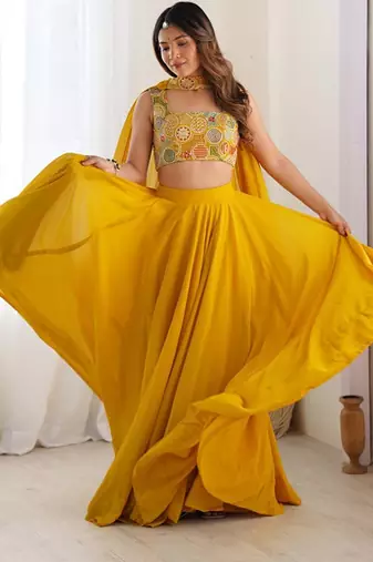 Women Embroidered Thread Work Ready To Wear Lehenga & Blouse With Dupatta Free Size Upto 42