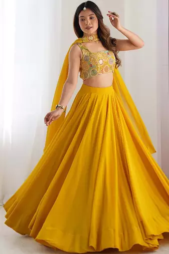 Women Embroidered Thread Work Ready To Wear Lehenga & Blouse With Dupatta Free Size Upto 42