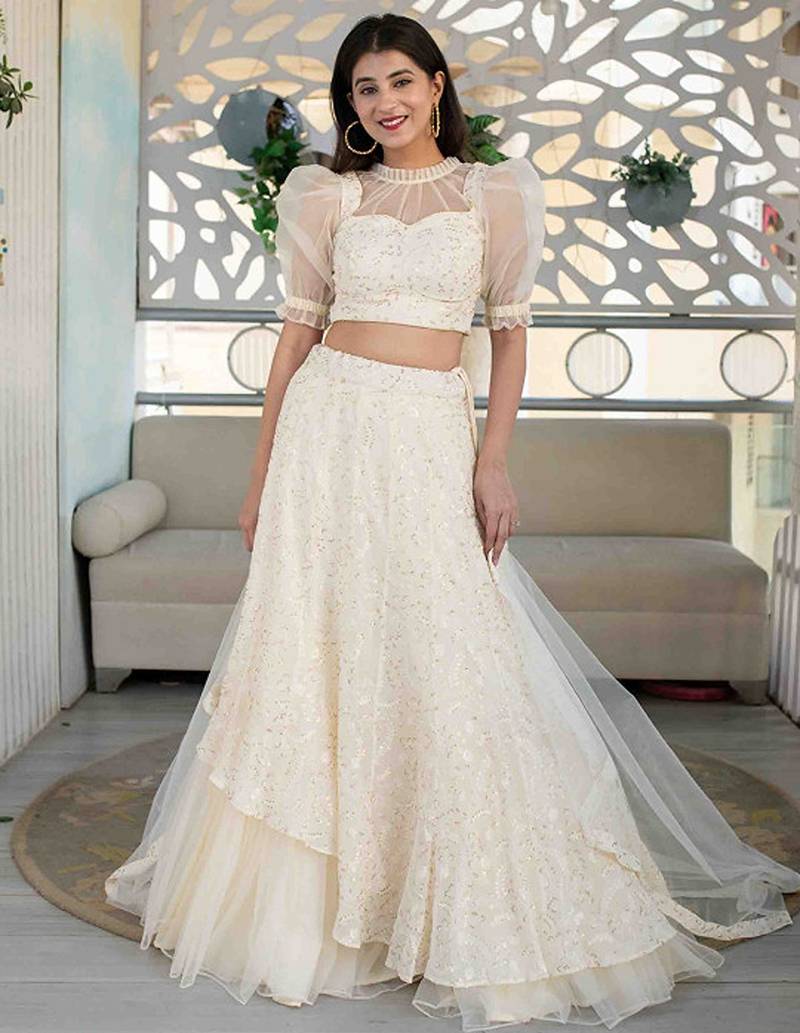 Embroidered Thread Work Ready To Wear Lehenga & Blouse Free Size Upto 42