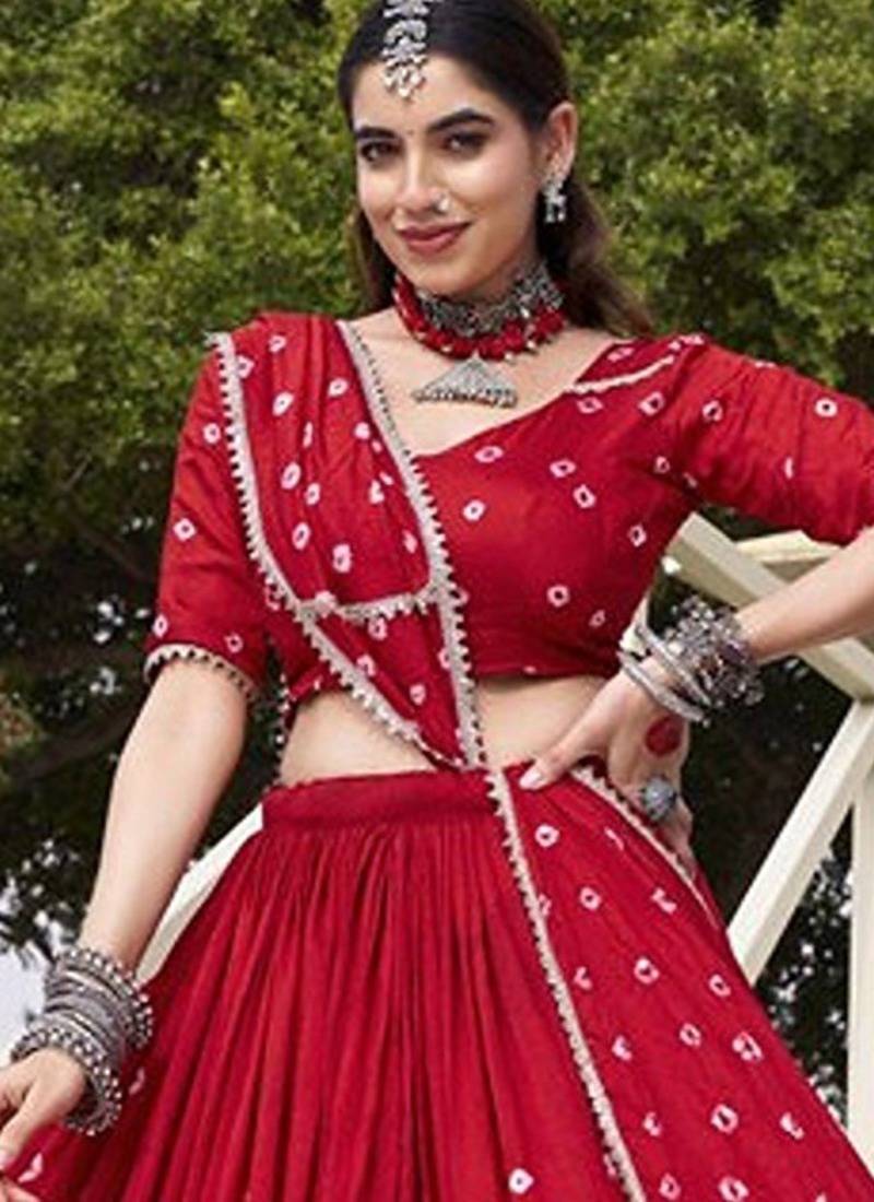 Women Bandhani Printed Ready To Wear Lehenga & Blouse With Dupatta Free Size Upto 42