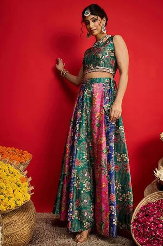 Printed Sequinned Ready To Wear Lehenga Choli Free Size Upto 42