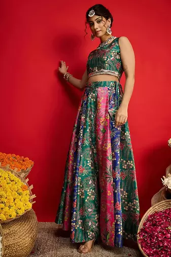 Printed Sequinned Ready To Wear Lehenga Choli Free Size Upto 42