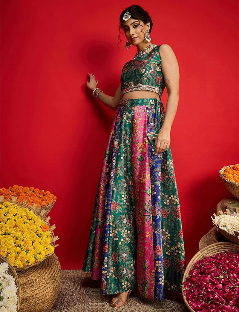 Printed Sequinned Ready To Wear Lehenga Choli Free Size Upto 42