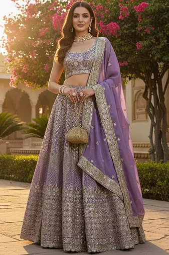 Embroidered Sequinned Semi-Stitched Lehenga & Unstitched Blouse With Dupatta Free Size Upto 42