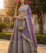Embroidered Sequinned Semi-Stitched Lehenga & Unstitched Blouse With Dupatta Free Size Upto 42