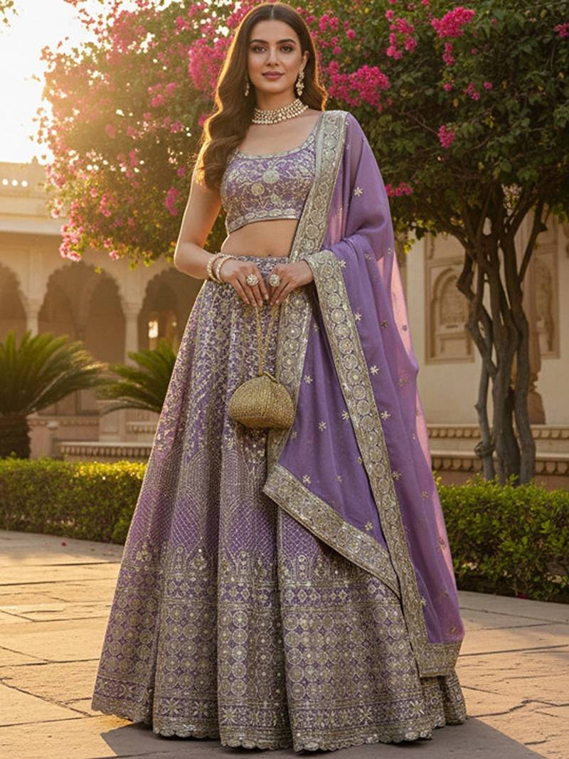 Embroidered Sequinned Semi-Stitched Lehenga & Unstitched Blouse With Dupatta Free Size Upto 42