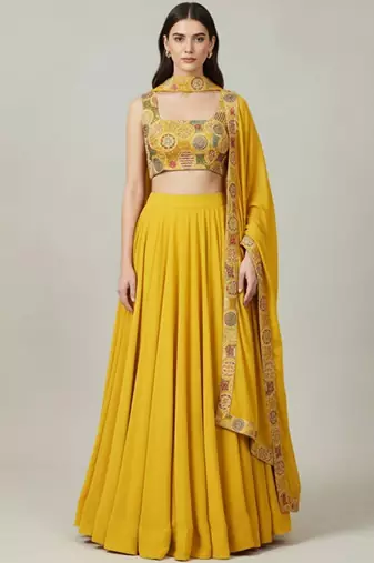 Embroidered Thread Work Ready To Wear Lehenga & Blouse With Dupatta Free Size Upto 42