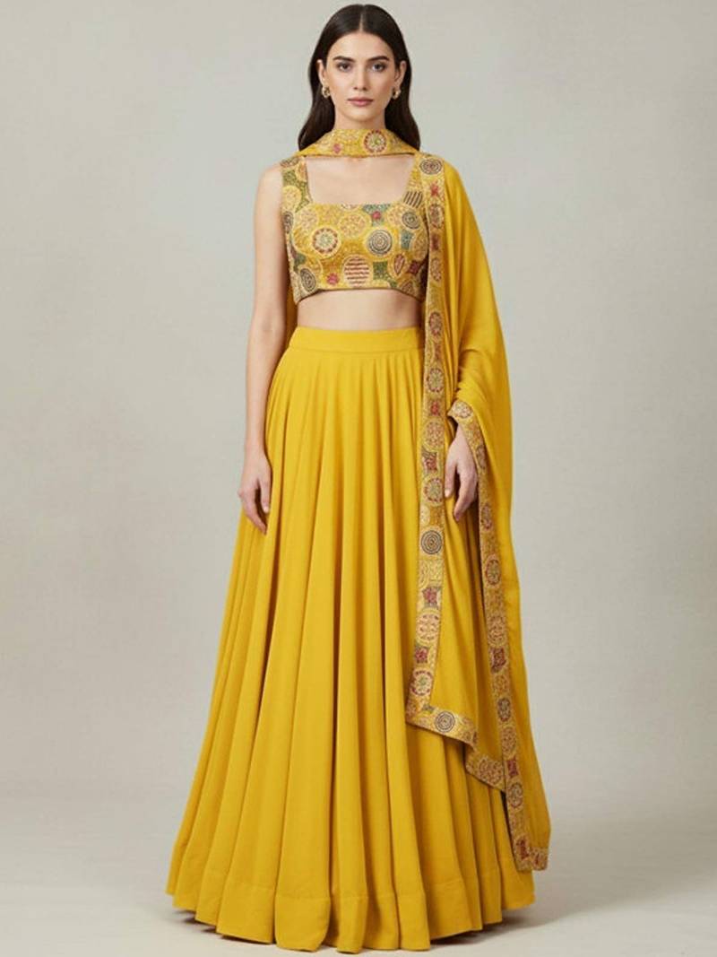 Embroidered Thread Work Ready To Wear Lehenga & Blouse With Dupatta Free Size Upto 42