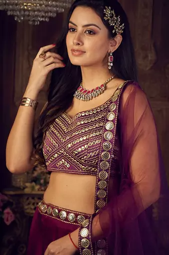 Embellished Thread Work Semi-Stitched Lehenga & Unstitched Blouse With Dupatta Free Size Upto 42
