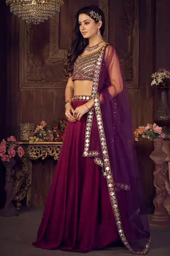 Embellished Thread Work Semi-Stitched Lehenga & Unstitched Blouse With Dupatta Free Size Upto 42