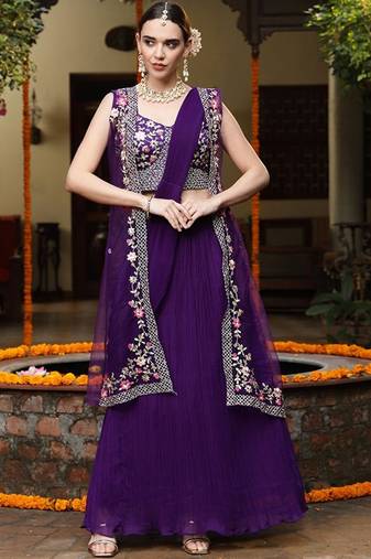 Purple Printed Embroidered Georgette Draped Lehenga Choli Shrug Free Size Upto 42