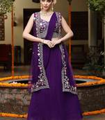 Purple Printed Embroidered Georgette Draped Lehenga Choli Shrug Free Size Upto 42