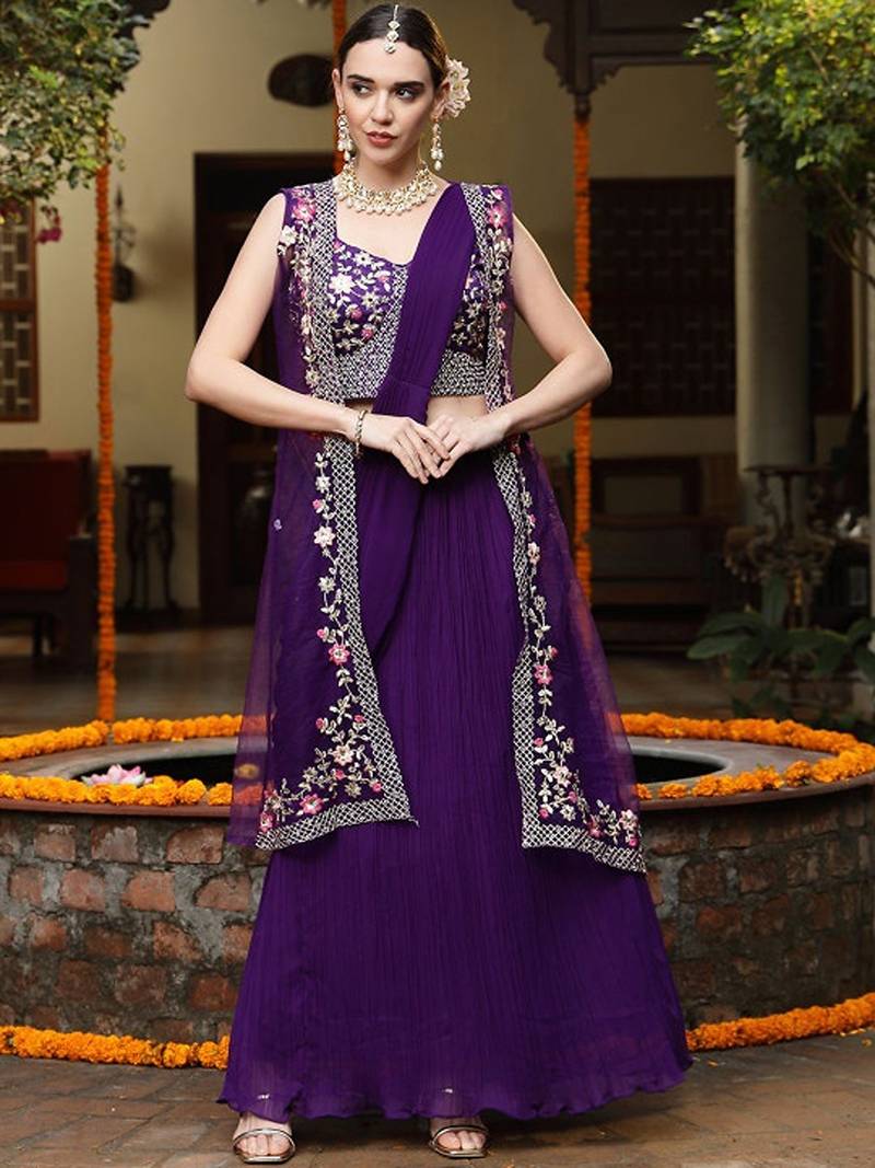 Purple Printed Embroidered Georgette Draped Lehenga Choli Shrug Free Size Upto 42