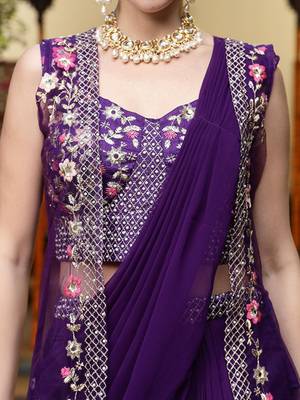 Purple Printed Embroidered Georgette Draped Lehenga Choli Shrug Free Size Upto 42 2