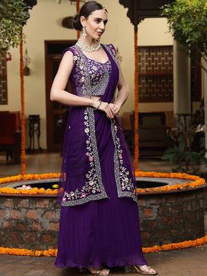 Purple Printed Embroidered Georgette Draped Lehenga Choli Shrug Free Size Upto 42 3