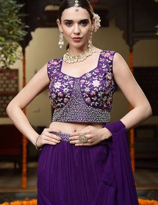 Purple Printed Embroidered Georgette Draped Lehenga Choli Shrug Free Size Upto 42 4