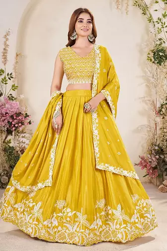 Embroidered Semi-Stitched Lehenga & Unstitched Blouse With Dupatta Free Size Upto 42