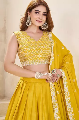 Embroidered Semi-Stitched Lehenga & Unstitched Blouse With Dupatta Free Size Upto 42