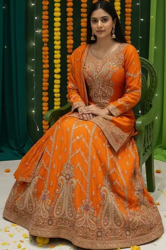 Embroidered  Round Neck Flared Lehenga Choli Free Size Upto 42