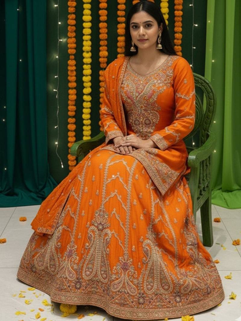Embroidered  Round Neck Flared Lehenga Choli Free Size Upto 42