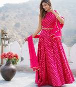 Printed Foil Print Ready To Wear Lehenga & Blouse With Dupatta Free Size Upto 42