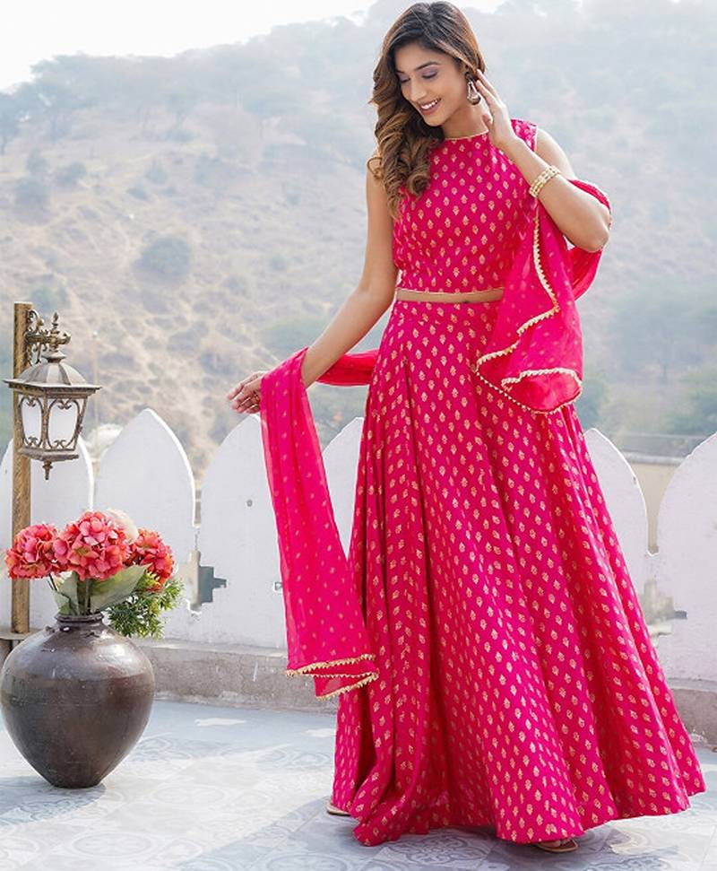Printed Foil Print Ready To Wear Lehenga & Blouse With Dupatta Free Size Upto 42