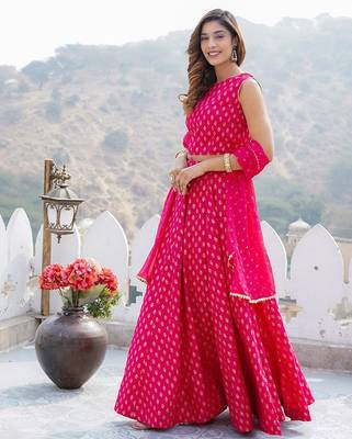 Printed Foil Print Ready To Wear Lehenga & Blouse With Dupatta Free Size Upto 42 3