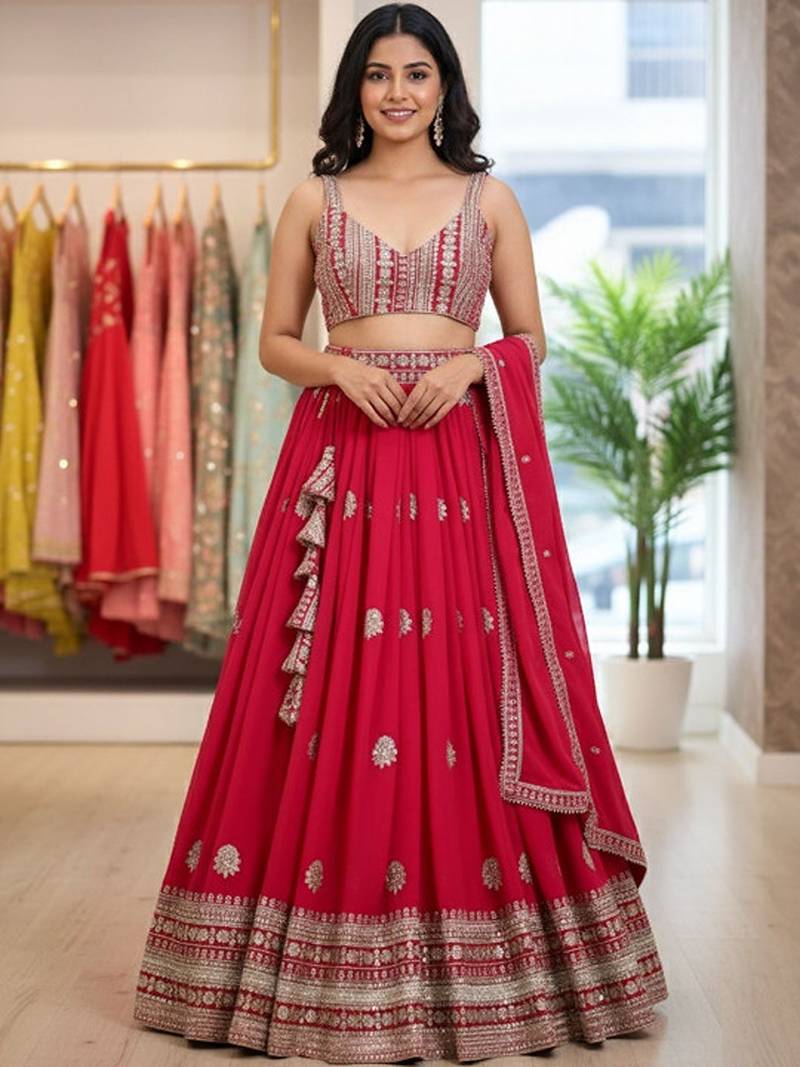 Embellished Sequinned Semi-Stitched Lehenga & Unstitched Blouse With Dupatta Free Size Upto 42