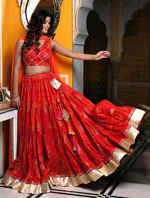 Printed Gotta Patti Ready To Wear Lehenga & Unstitched Blouse With Dupatta Free Size Upto 42 1